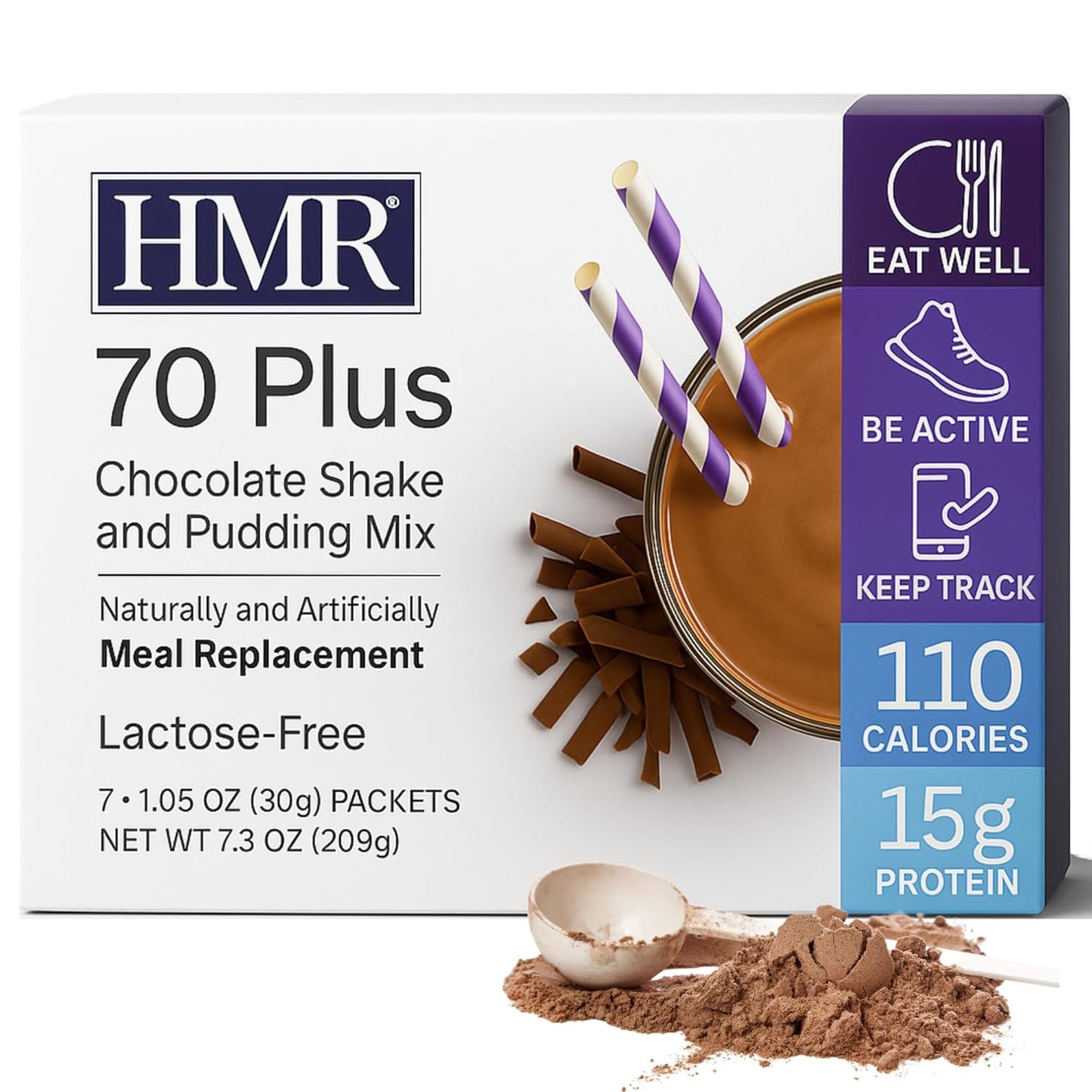 HMR 70 Plus Chocolate Shake & Pudding Mix | Meal Replacement Powder | Lactose-Free | 15g Protein | Easy to Make | Low Calorie | 7 Single Serving Packets each