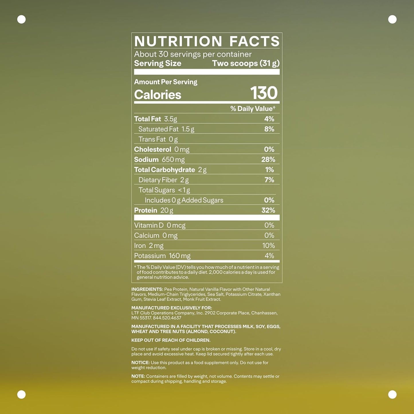 LTH Vital Vegan Protein - Trusted by Life Time Fitness Members - Plant-Based Protein Powder Made from Pea Protein - Supports a Healthy Immune System - Dairy Free & Soy Free - Vanilla, 30 Servings