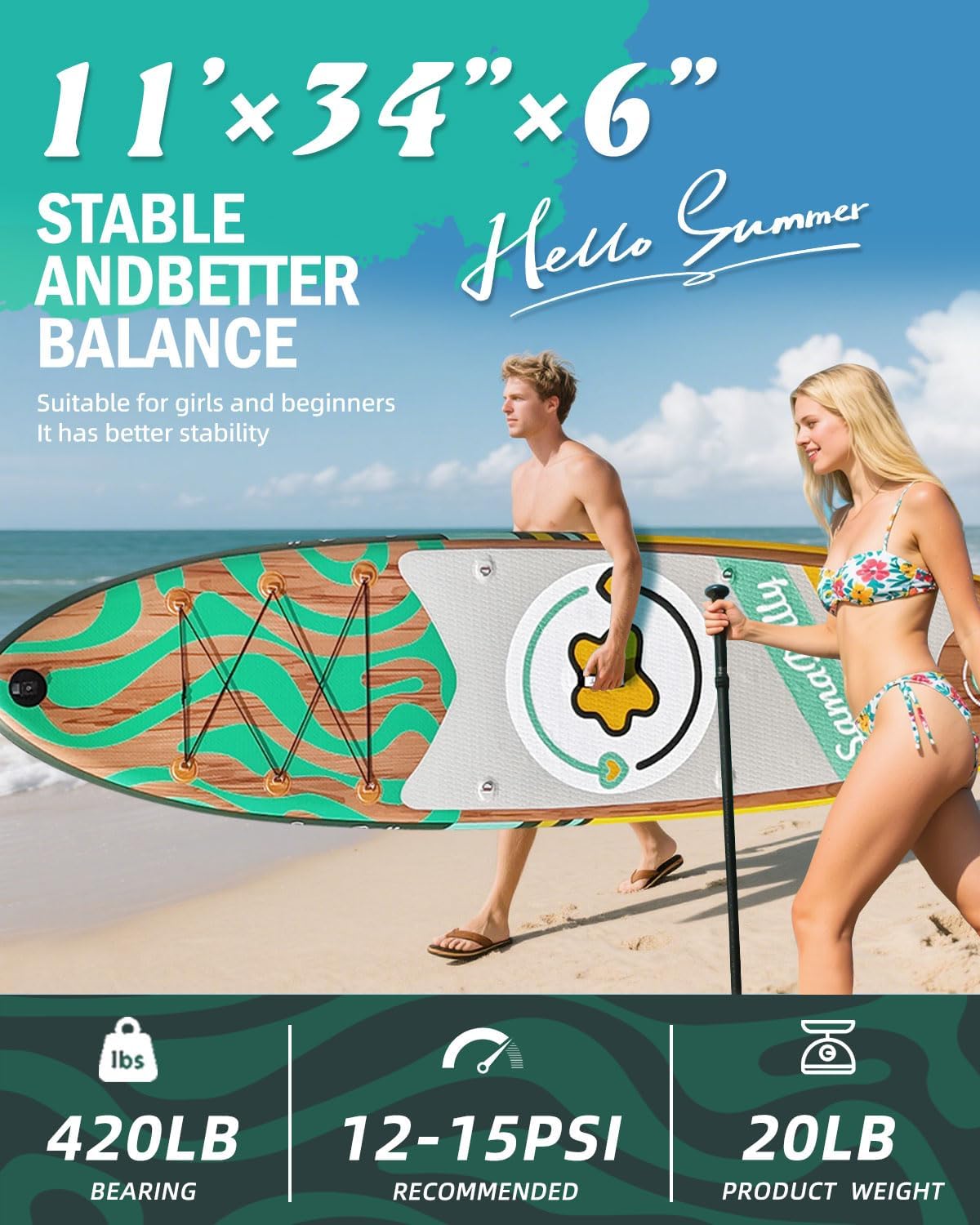 11'Stand Up Paddle Boards Surf Control with Premium SUP Board Accessories Backpack & Removable Fins, 34" Wide Inflatable Paddle Boards of All Skill Levels