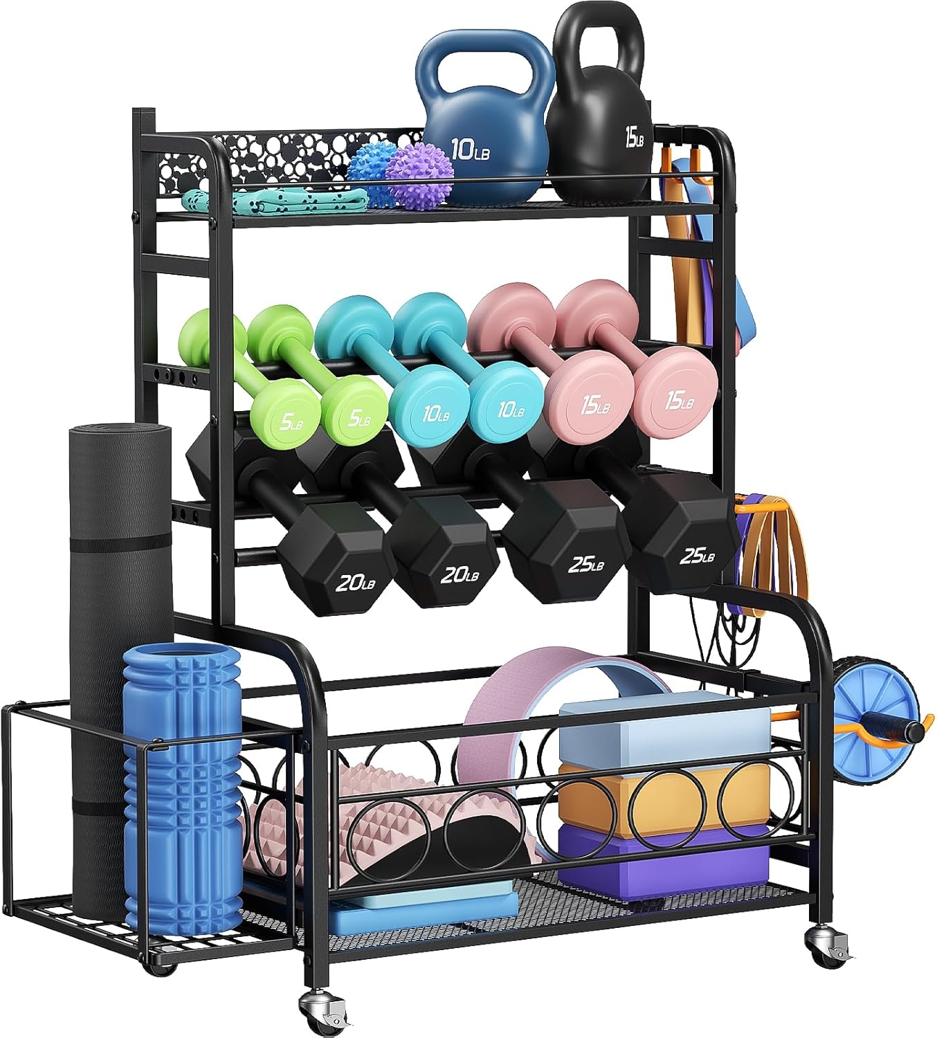 Dumbbell Rack, VOPEAK Weight Rack for Home Gym, Home Gym Storage Rack for Yoga Mat Kettlebells and Strength Training Equipment, Weight Storage Rack for Dumbbells with Wheels