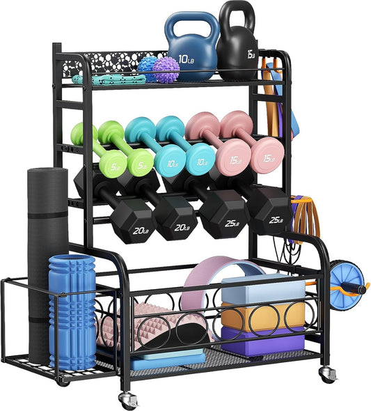 Dumbbell Rack, VOPEAK Weight Rack for Home Gym, Home Gym Storage Rack for Yoga Mat Kettlebells and Strength Training Equipment, Weight Storage Rack for Dumbbells with Wheels