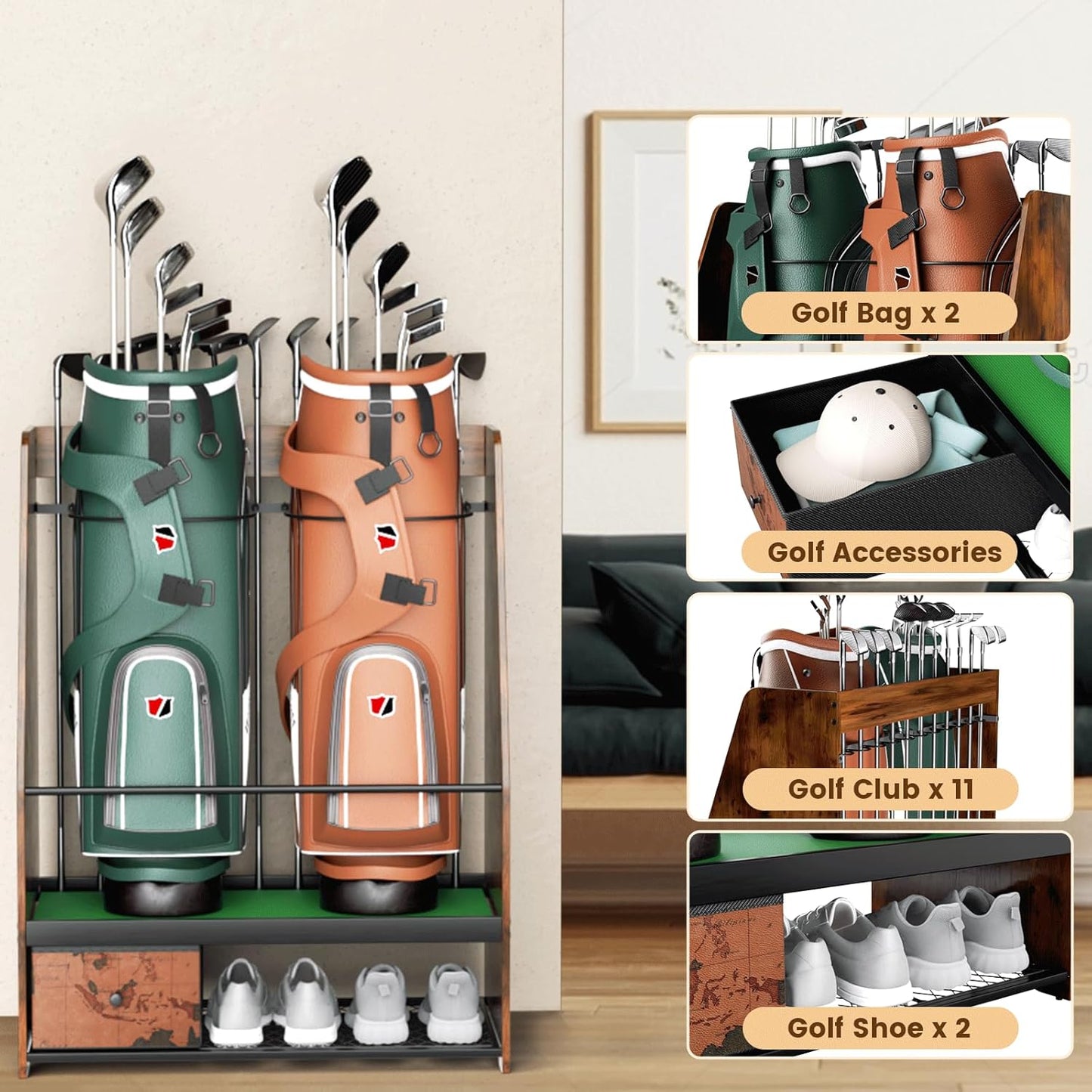 Golf Bag Organizer Storage for 2 Bags with Drawer – Easy Assemble Golf Club Stand Ideal for Garage, Clubs and Basement