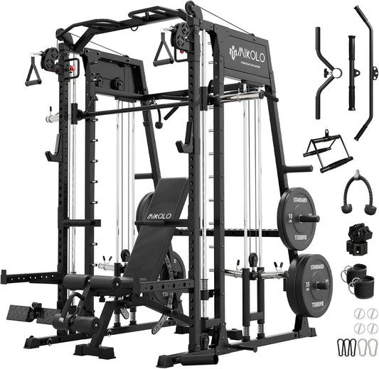 Mikolo Smith Machine, 2200lbs Squat Rack with LAT-Pull Down System & Cable Crossover Machine, Training Equipment with Leg Hold-Down Attachment