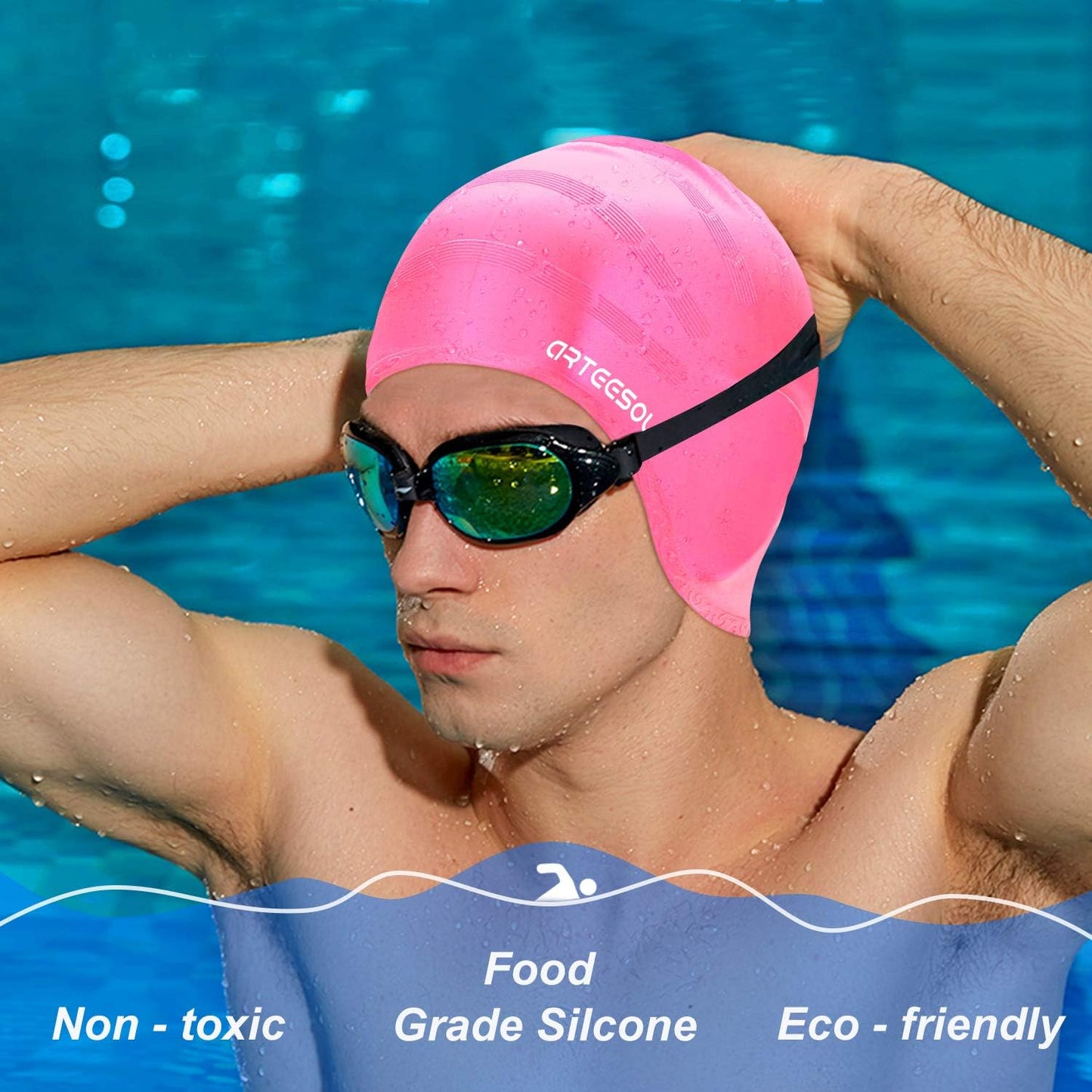Swimming Cap, Silicone Swim Cap for Women Men, Durable Non-Slip Waterproof Swim Cap Protect Ears, Long Hair for Adults, Older Kids