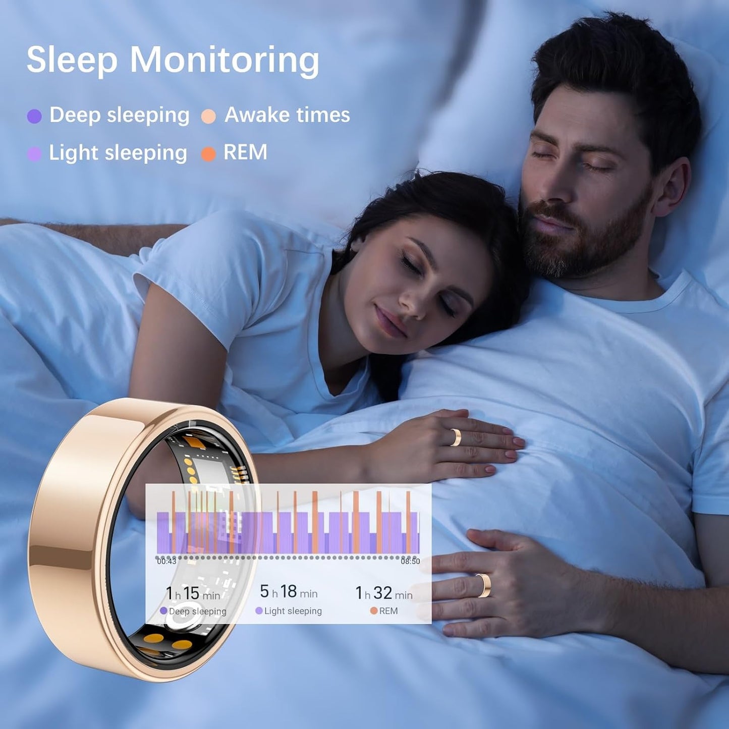 Ring Health Tracker for Women Men, Fit Ring with Heart Rate, Blood Oxygen, Sleep Monitor, Calories, Step Counter, IP68 Waterproof Smart Ring for iPhone & Android, No Subscription Fee (Rose Gold, 10#)