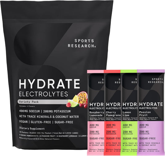 Sports Research® Hydrate Electrolytes Powder Packets - Sugar-Free & Naturally Flavored with Vitamins, Minerals, and Coconut Water - Supports Hydration - 16 Packets - Variety Pack