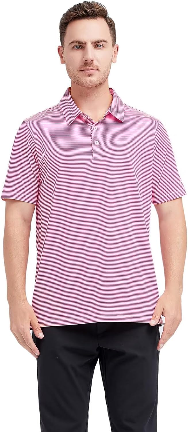 Men's Golf Polo Shirts Short Sleeve Striped Performance Moisture Wicking Dry Fit Golf Shirts for Men