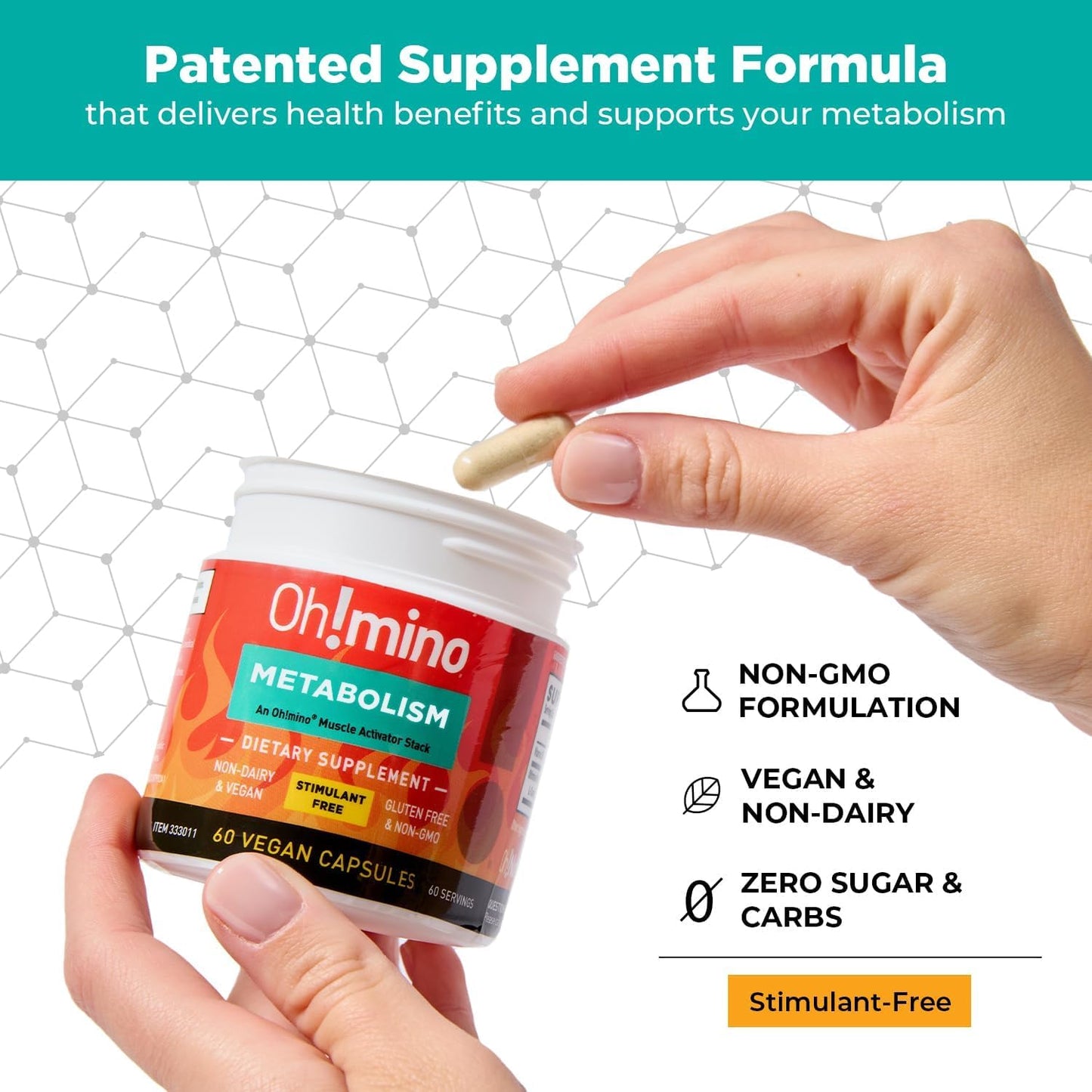 Oh!mino Metabolism Support Supplement for Efficient Fat to Energy Conversion w/L-Carnitine, Phenylcapsaicin, & Vitamin B3 - Non-Jitters, Stimulant-Free, Vegan, Non-Dairy Capsules (60 Servings)