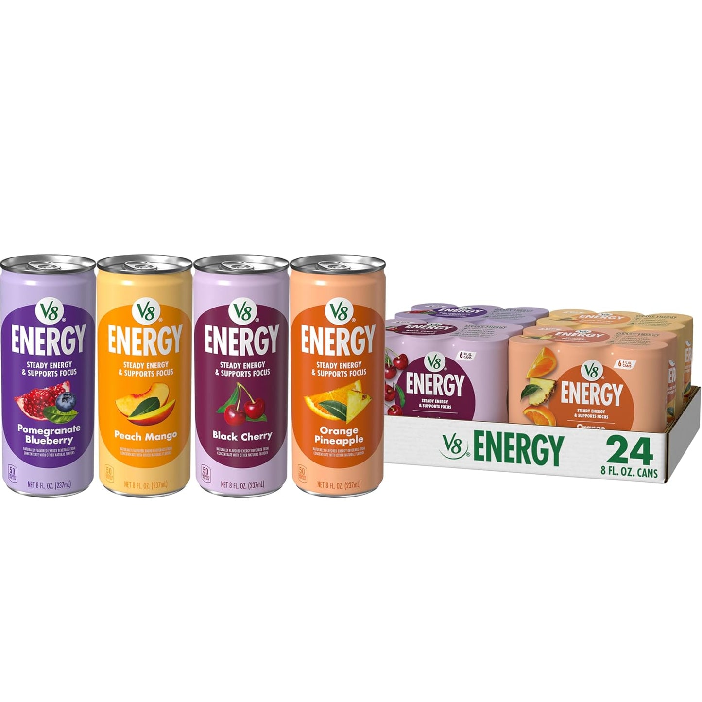 V8 +Energy Peach Mango, Orange Pineapple, Black Cherry and Pomegranate Blueberry Juice Energy Drinks, 8 fl oz Can (24 Pack)