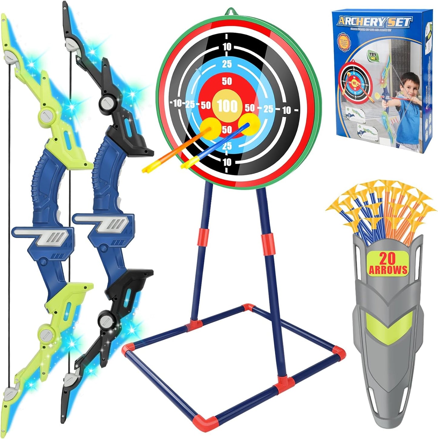 Bow and Arrow Set for Kids 4-12 Years Old, LED Light Up Archery Toy with 20 Suction Cup Arrows and Standing Target, Indoor Outdoor Activity Toys for Ages 4-6 8-13