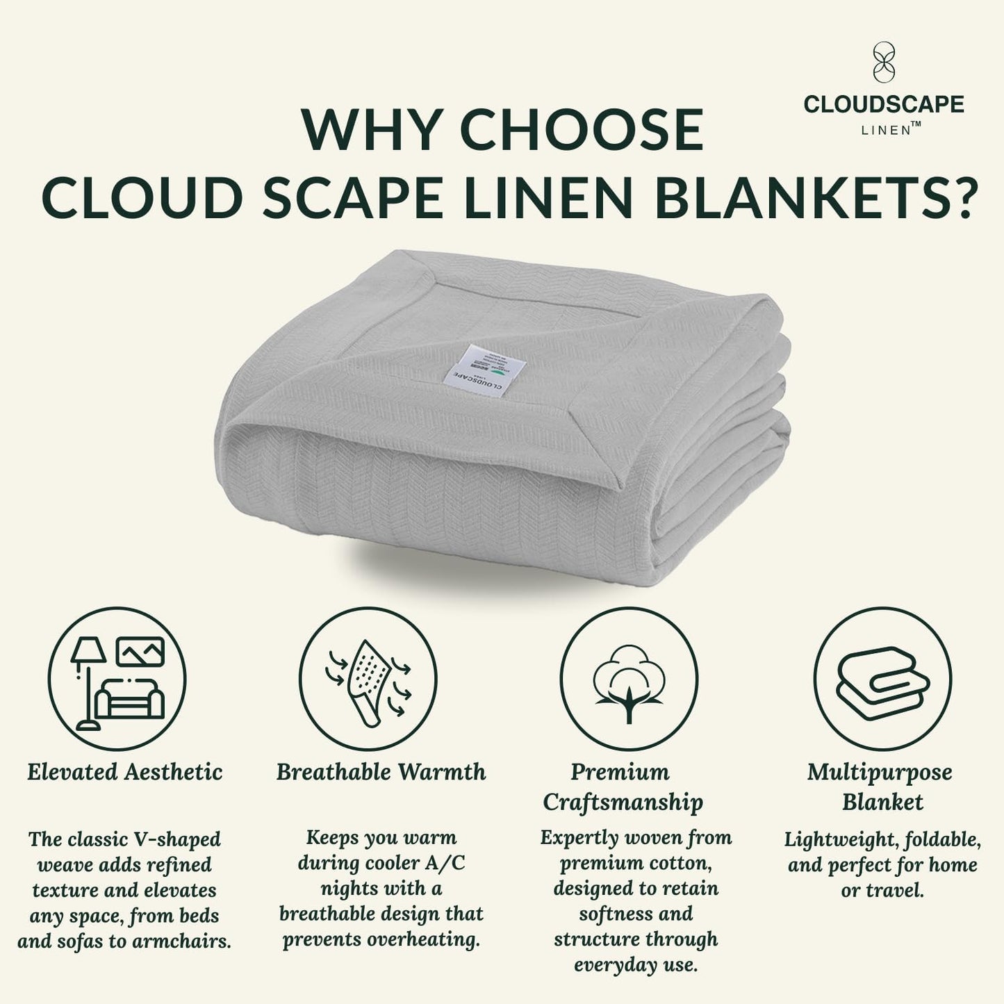 Cloud Scape Linen 100% Cotton Queen Size Blanket, Herringbone Pattern, Lightweight Summer Blanket,Best Gifts for Women, fits Full Size Bed, 92 x 92, Light Grey