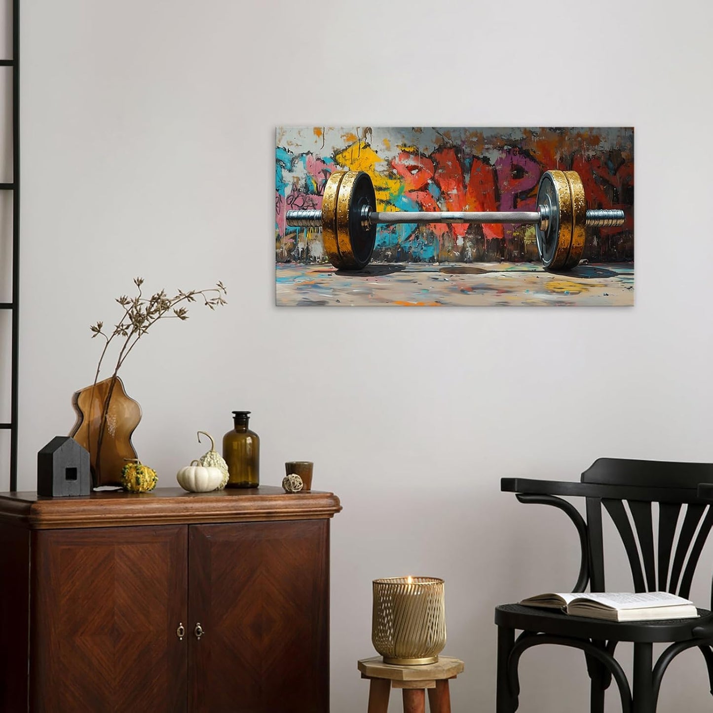 VANSEEING Graffiti Gym Wall Art Canvas Prints Barbell Weightlifting Fitness Picture Sport Motivational Artwork Oil Painting Wall decor for Workout Bedroom Fitness Boys Room 40x20 inch