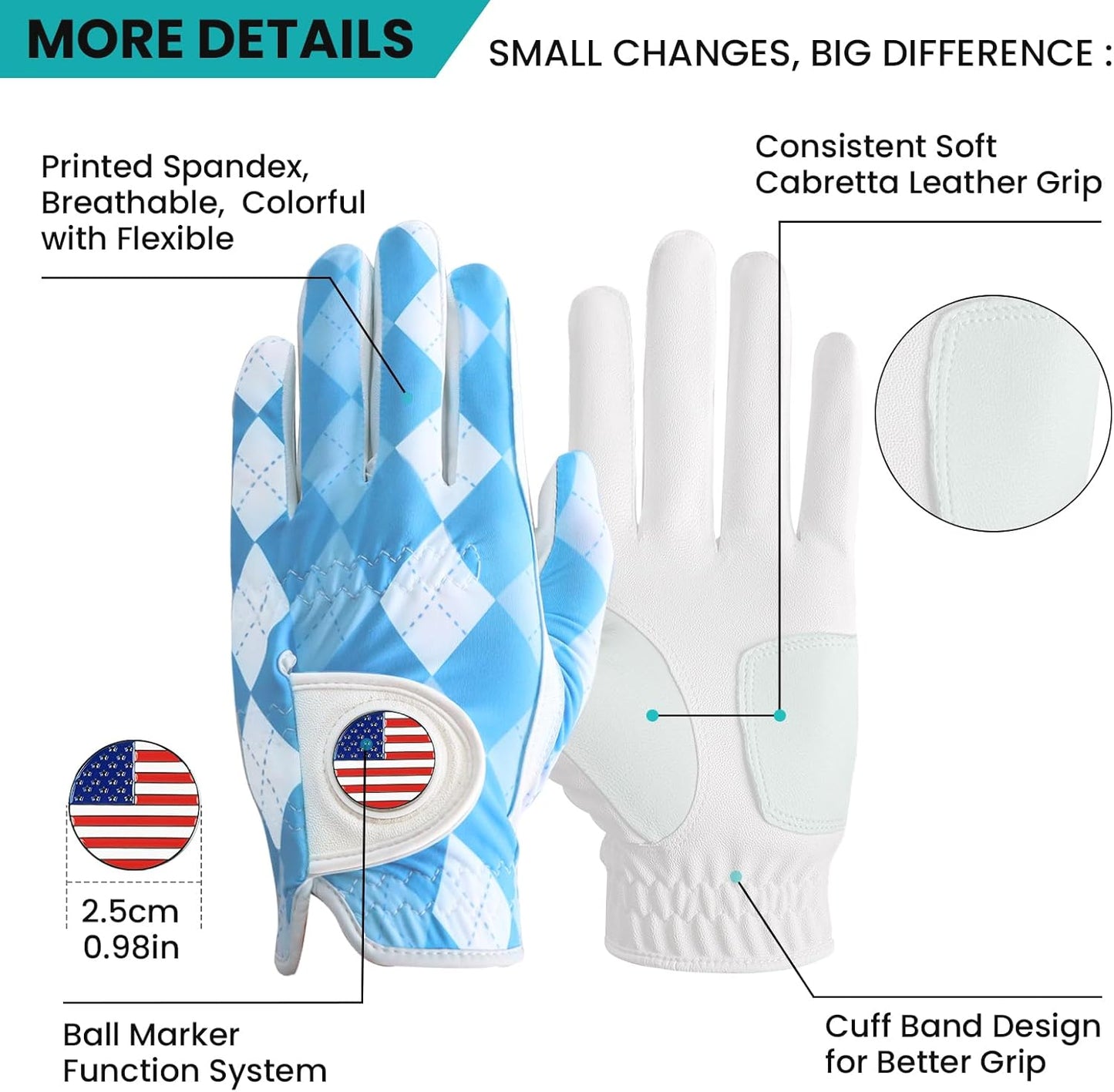 FINGER TEN Golf Gloves Men Left Hand Right with Ball Marker USA Flag Blue Camo Plaid Pack, Mens Leather Golf Glove All Weather Grip Small Medium ML Large XL