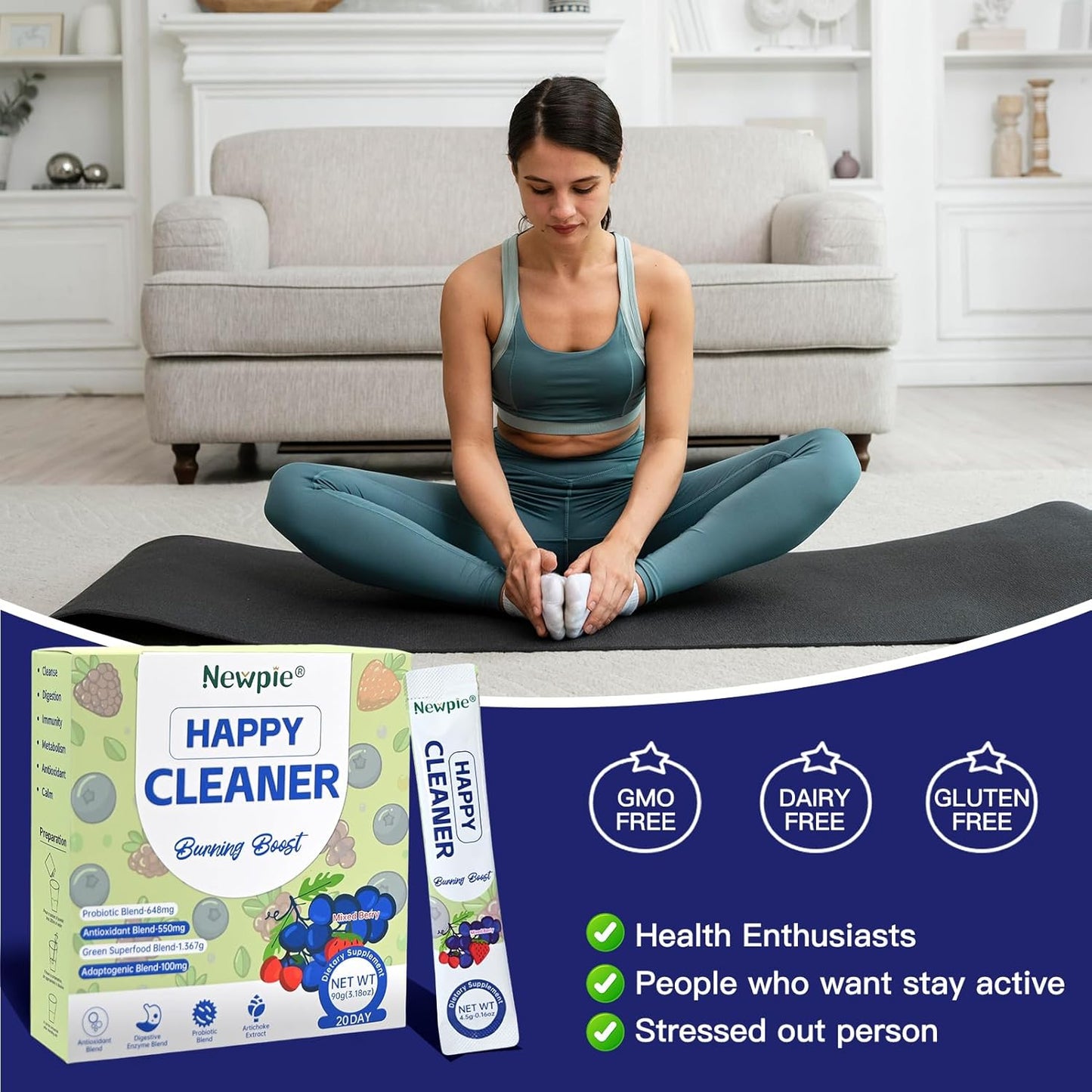 Newpie Superfoods Happy Cleaner Probiotic Powder,Watermelon Flavor Prebiotic & Probiotic Powder,Organic Fiber,Sugar Free,Gut Health,Natural Antioxidant for Women Men (20 Packet, Mixed Berry)