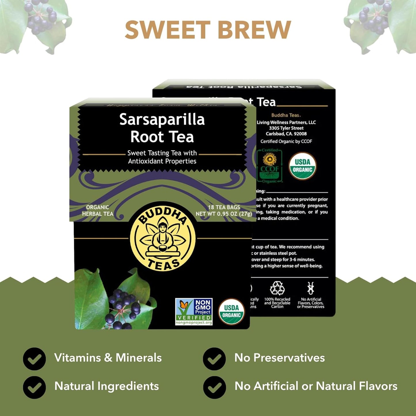 Buddha Teas - Organic Sarsaparilla Root Tea - Herbal Tea - Digestion & Skin Health - With Antioxidants & Minerals - Clean Ingredients - Caffeine Free - OU Kosher - 18 Tea Bags (Pack of 1)