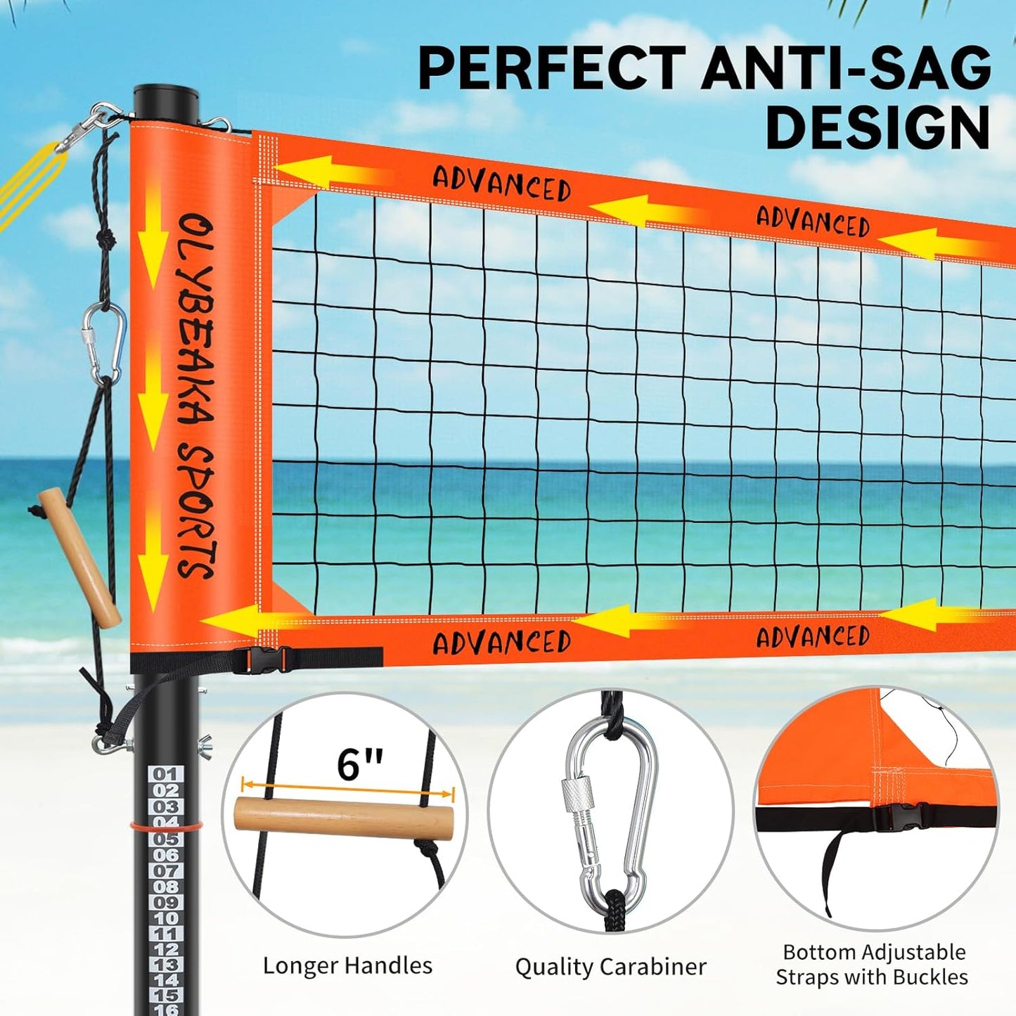 Outdoor Professional Volleyball Net Set for Backyard Beach with Heavy Duty Adjustable Aluminum Poles, Upgraded Anti-sag Net, PU Volleyball and Pump, Boundary Line, Large Carry Bag