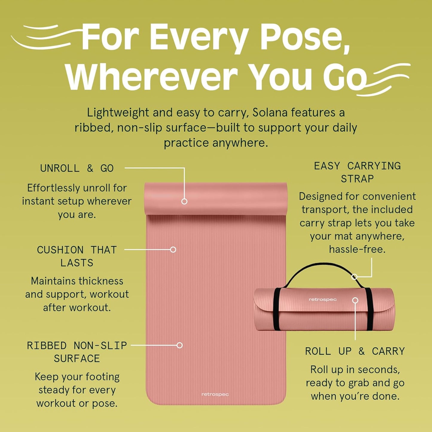 Retrospec Solana Yoga Mat 1/2" Thick w/Nylon Strap for Men & Women - Non Slip Exercise Mat for Yoga, Pilates, Stretching, Floor & Fitness Workouts