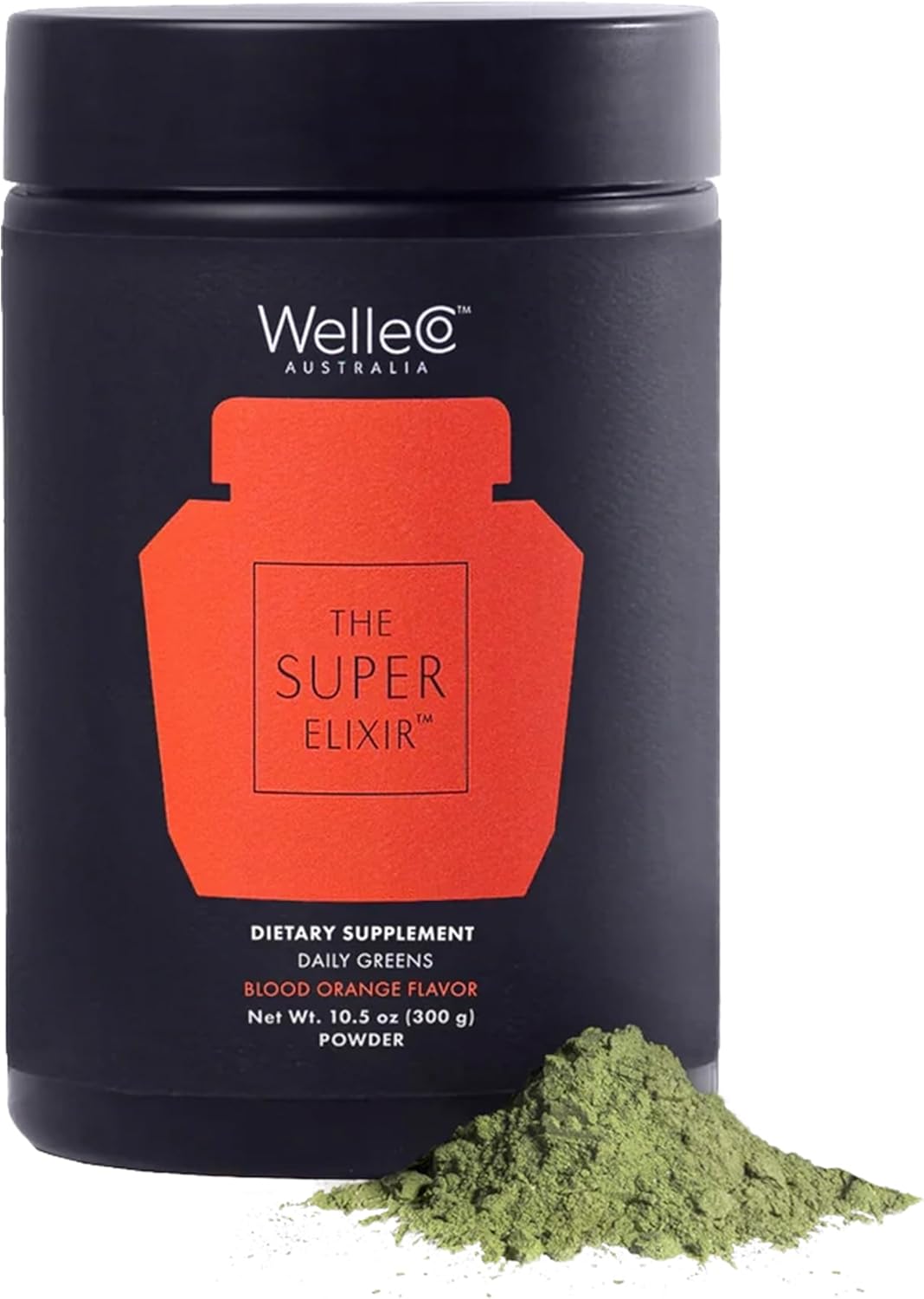 WelleCo The Super Elixir Daily Greens Powder, Probiotic Drink Mix with Whole Foods, Gluten Free, Vegan Gut Health Powder, Energy, Immunity, Healthy Skin, Hair & Nails (Jar, Blood Orange)