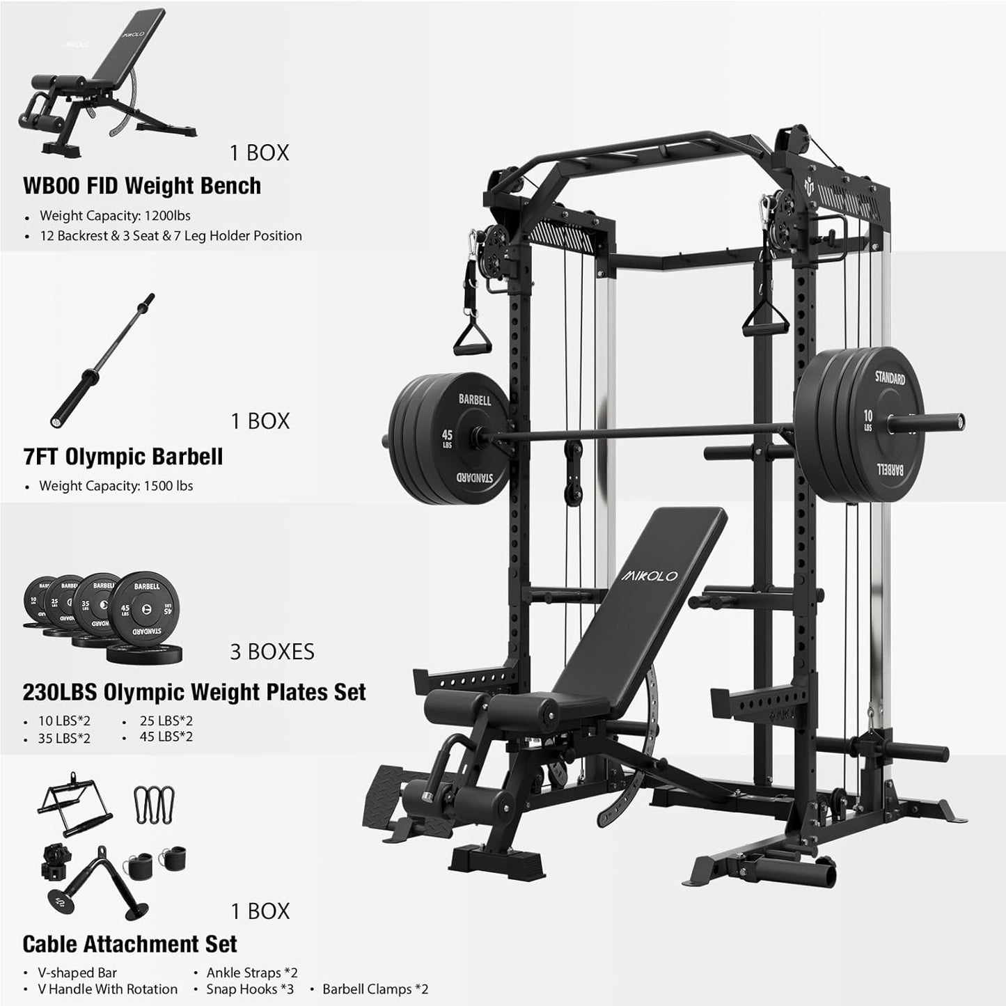 Mikolo Power Cage, 2000LB Power Rack with Independent Dual Pulley System, Multi-Function Home Gym Workout Machine for Cable Crossover