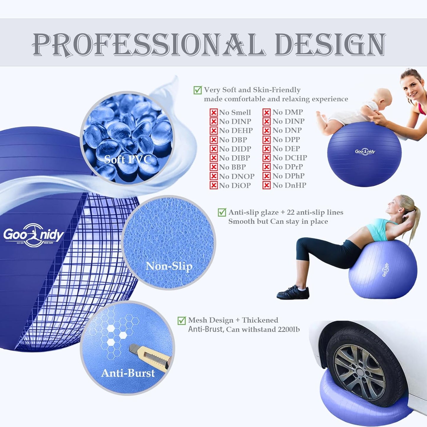 Soft Exercise ball, Anti-Burst Yoga Ball Chair Supports 2200lbs, Workout Equipment w/ Pump for Women Pregnancy, Medicine, Birthing, Physical Therapy, Stability, Excersing, Birth, Swiss, Fitness, Gym
