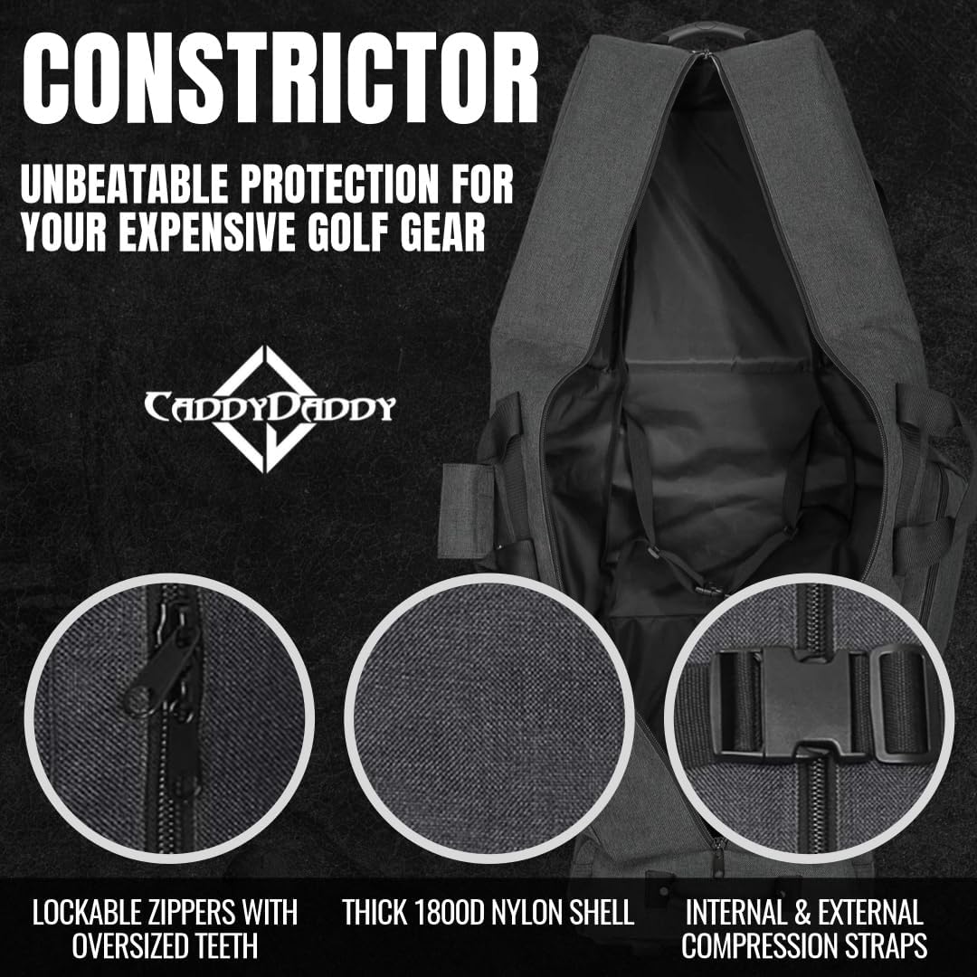 CaddyDaddy Constrictor Soft-Sided Golf Travel Bag Cover with Thick Dense Foam Padded Top 1 Year Full Travel Bag Replacement Coverage | Wheels & Lockable Zippers Case for Transporting Clubs on Airlines