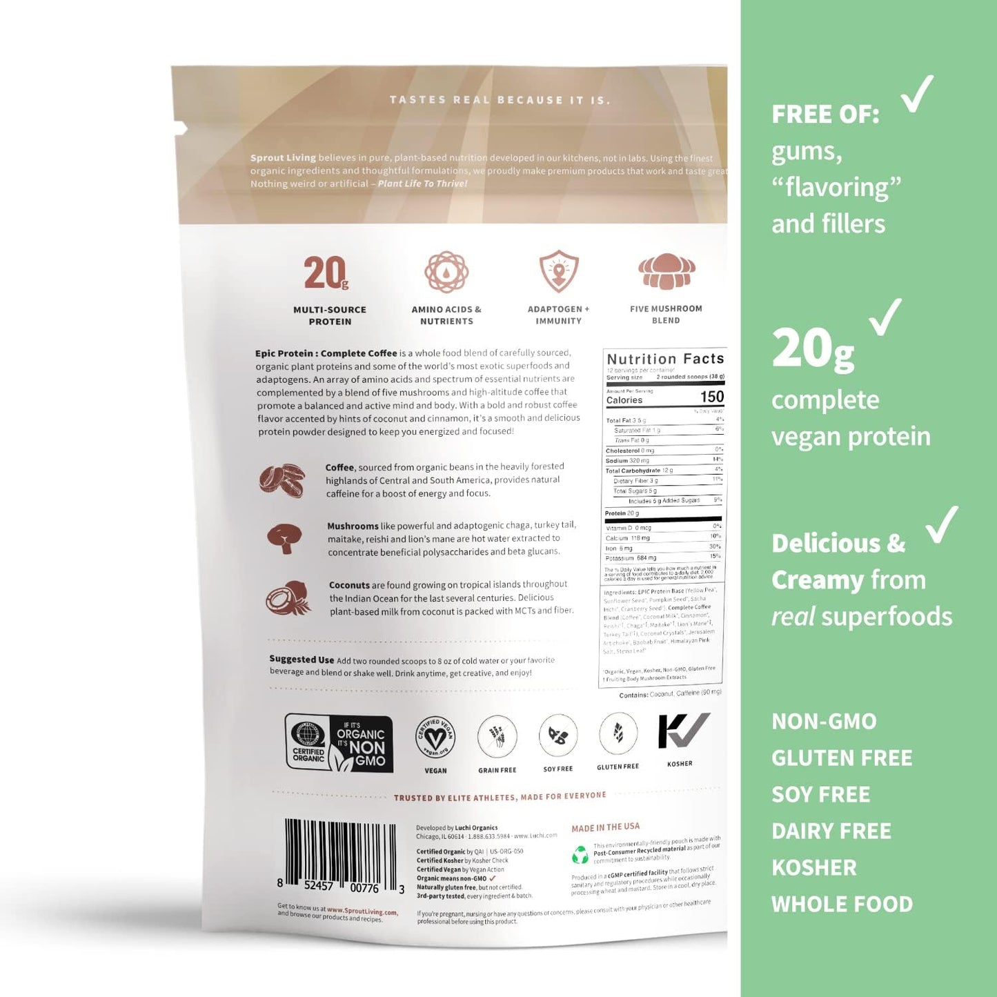 Sprout Living, Epic Protein, Plant Based Protein & Superfoods Powder, Complete Coffee | 20 Grams Organic Protein Powder, Adaptogens, Mushrooms, Vegan, Non-GMO, Gluten Free (1 Pound, 12 Servings)