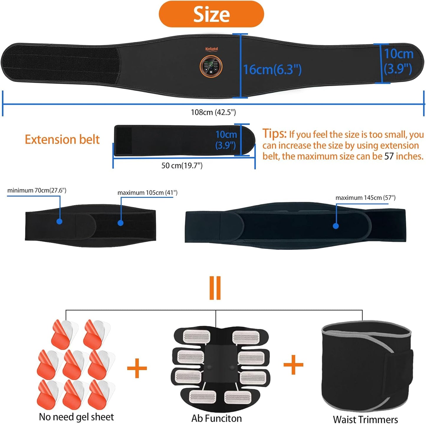 Abs Stimulator Belt-FDA Cleared EMS Massager Abdominal Toining Fitness Belt without GEL SHEET Tactical Abs Power Muscle Toner Workout Men Women & Bodybuilders USB Rechargeable Black KLT-07