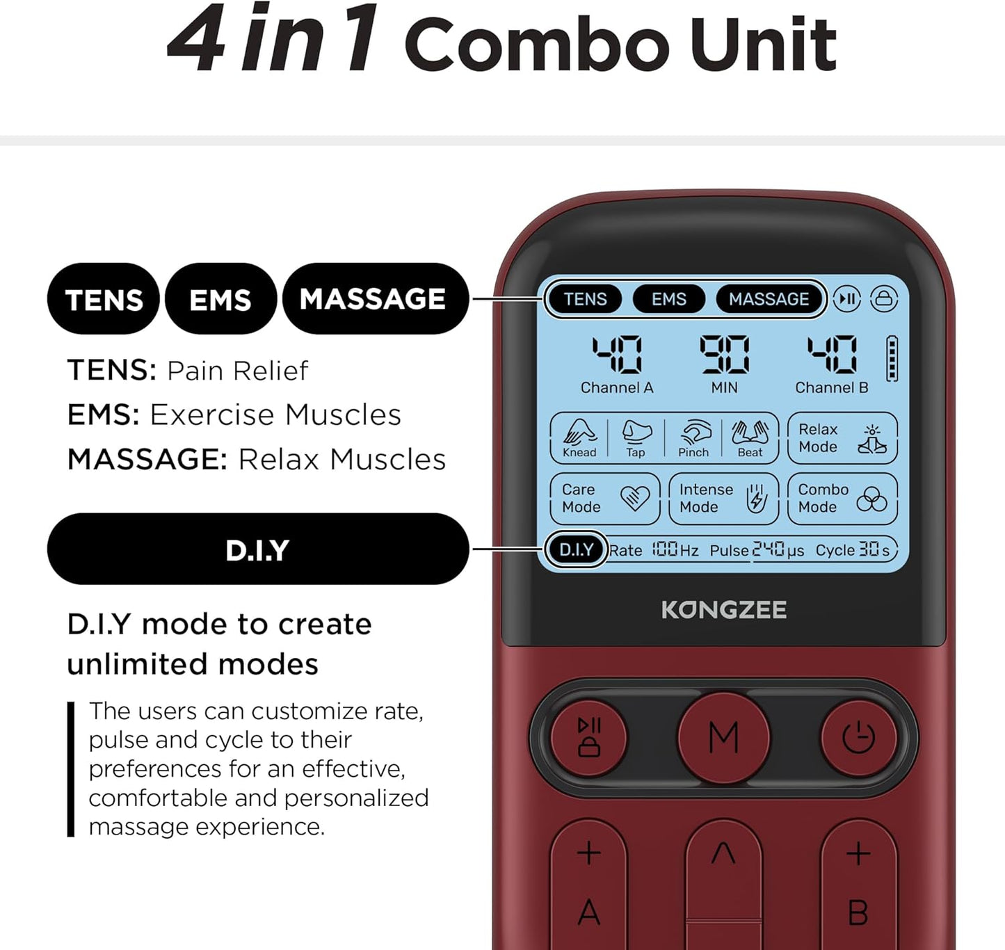 4 in 1 - D.I.Y & Tens Unit & EMS & Massage Muscle Stimulator, Dual Channel TENS Units Therapy Machine for Pain Relief, FDA Cleared Rechargeable Electronic Pulse Massager,with 12pcs Electrode Pads