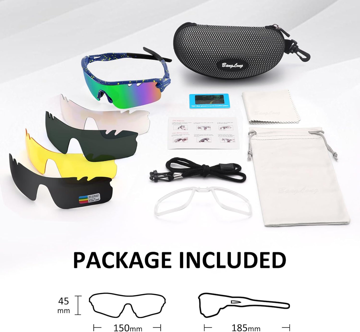 BangLong Polarized Sports Sunglasses Cycling Sun Glasses for Men Women with 5 Interchangeable Lenes for Running Baseball Golf