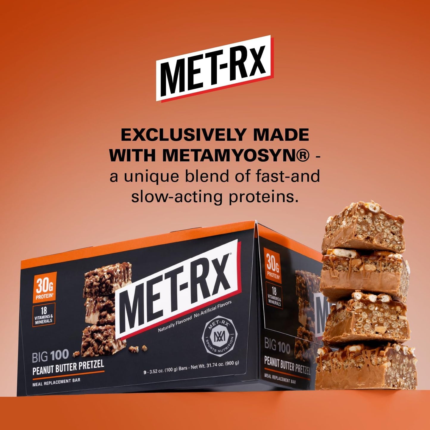 MET-Rx Big 100 Colossal Protein Bars, Great as Healthy Meal Replacement, Snack, and Help Support Energy, Peanut Butter Pretzel, With Vitamin A, Vitamin C, and Zinc, 100 g, (Pack of 9)