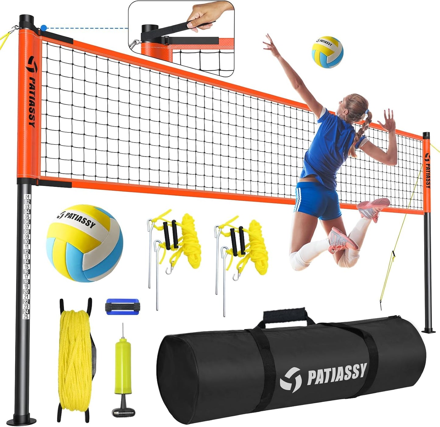 Outdoor Portable Volleyball Net Set System for Backyard - Quick & Easy Setup Adjustable Height Poles, PU Volleyball, Pump and Carrying Bag