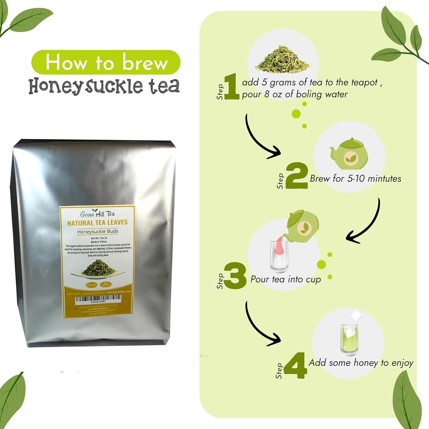 Greenhilltea traditional health herbs, Honey suckle dried herbal tea honeysuckle 16 OZ