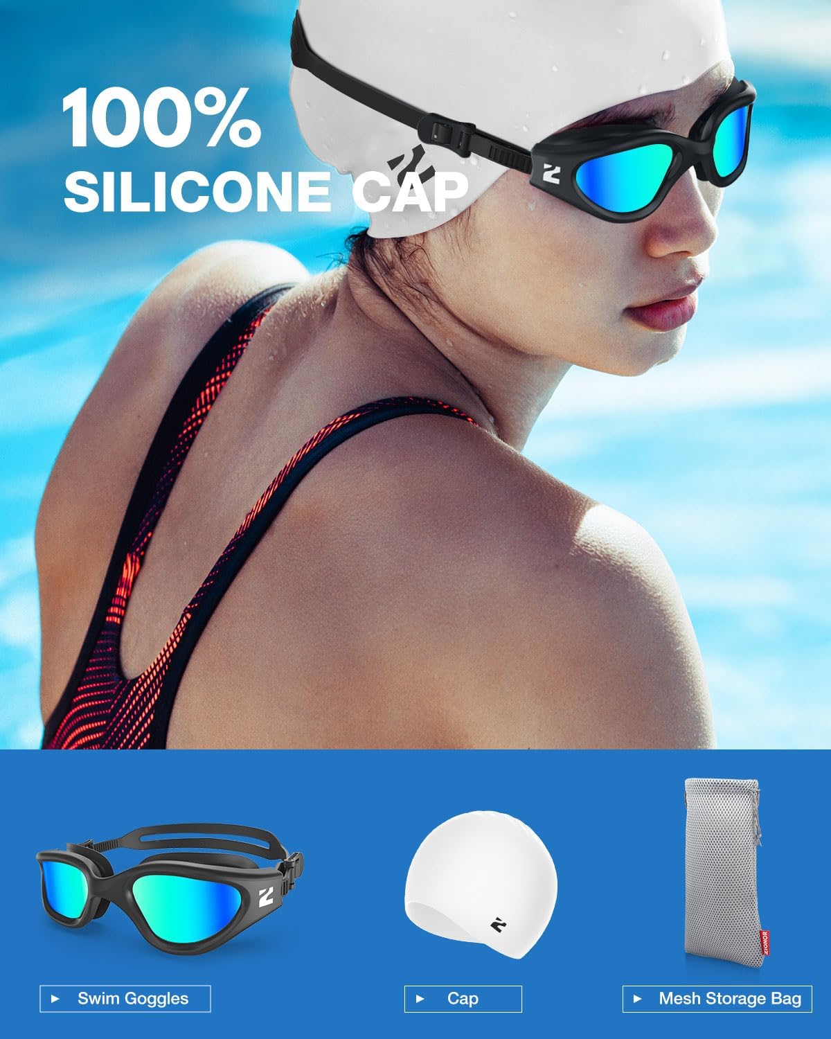 ZIONOR G1 Lite Swim Goggles with Swim Cap Comfortable Anti-fog Swimming Goggles Cap Set for Adult Men Women