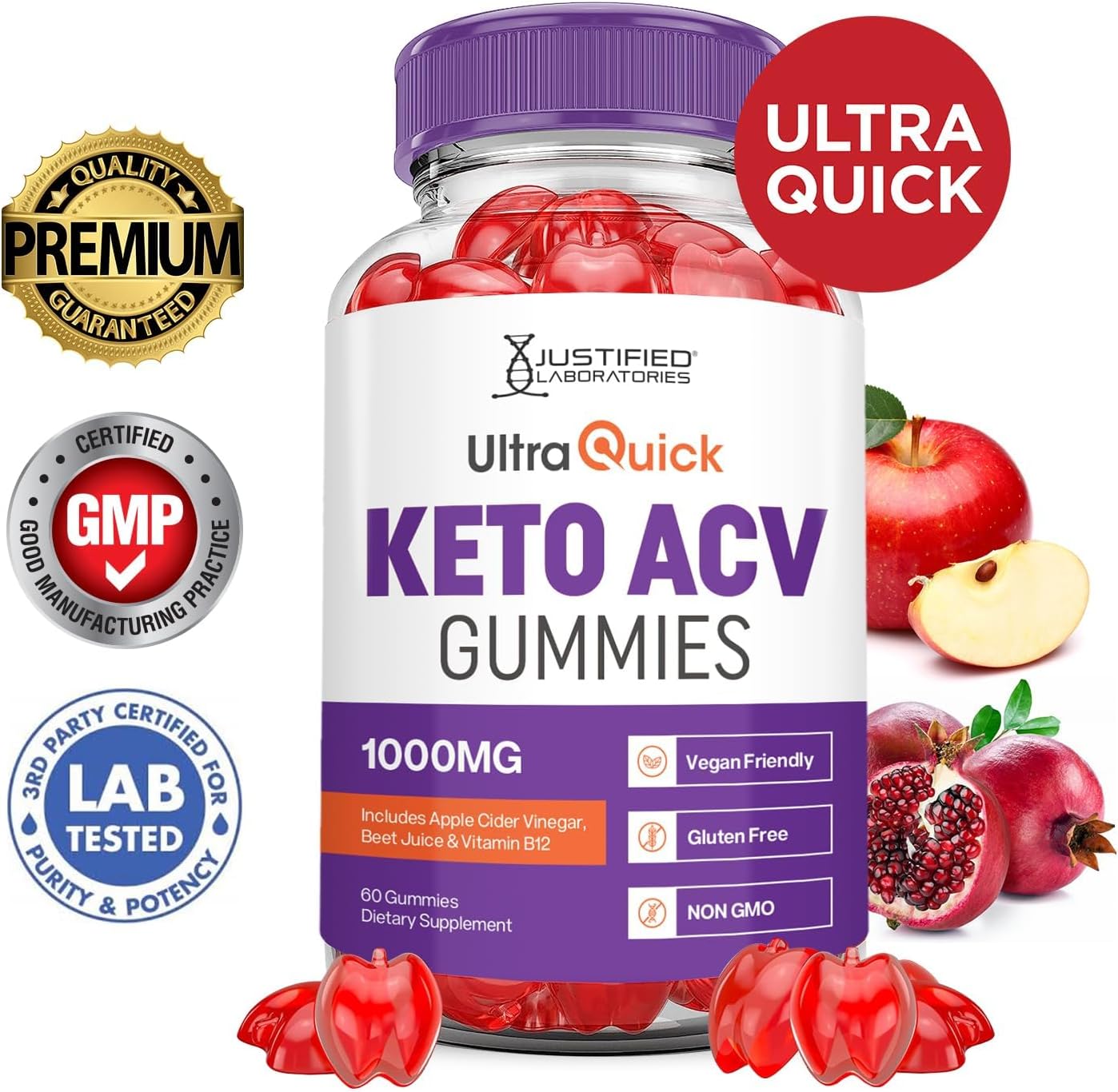 Justified Laboratories (5 Pack Ultra Quick Keto ACV B12 Vegan Non GMO 300 Gummies