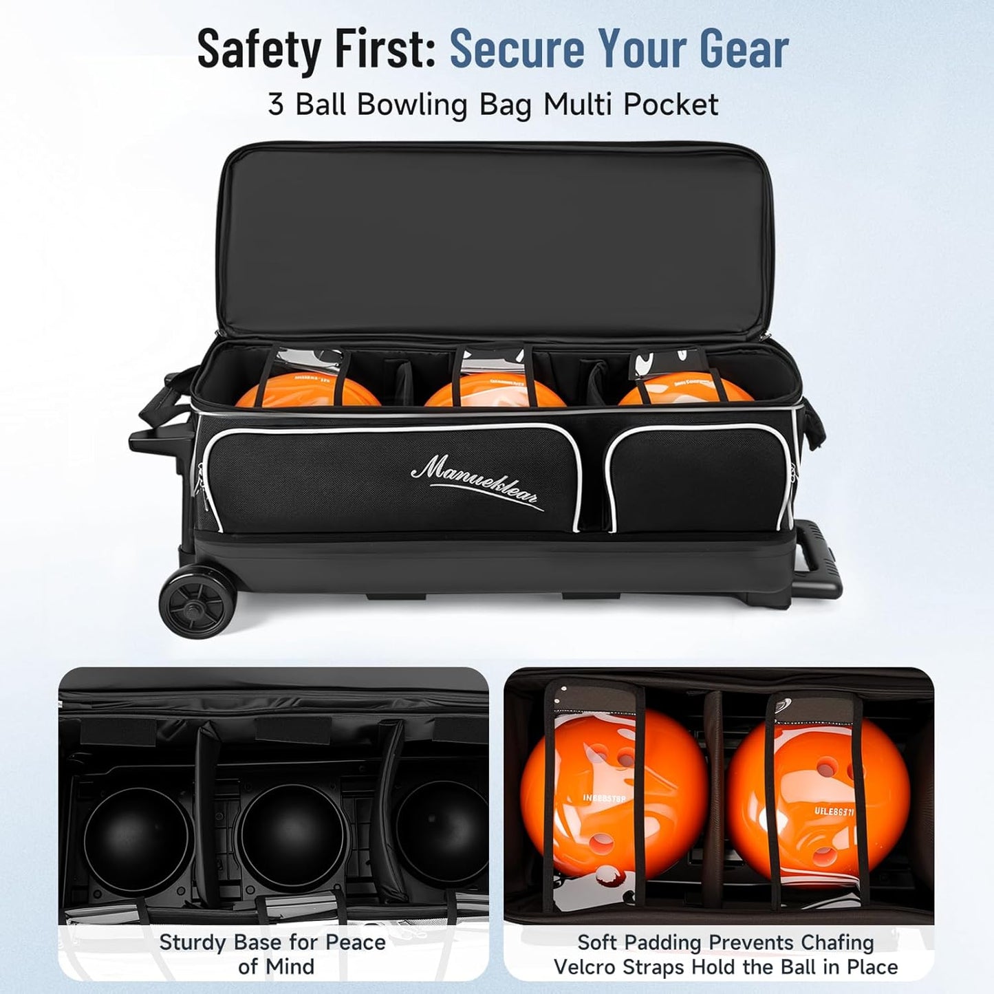 MANUEKLEAR 3 Ball Bowling Bags with Wheels, Bowling Ball Bag 3 Ball Roller with Accessory Pockets and Shoe Compartment