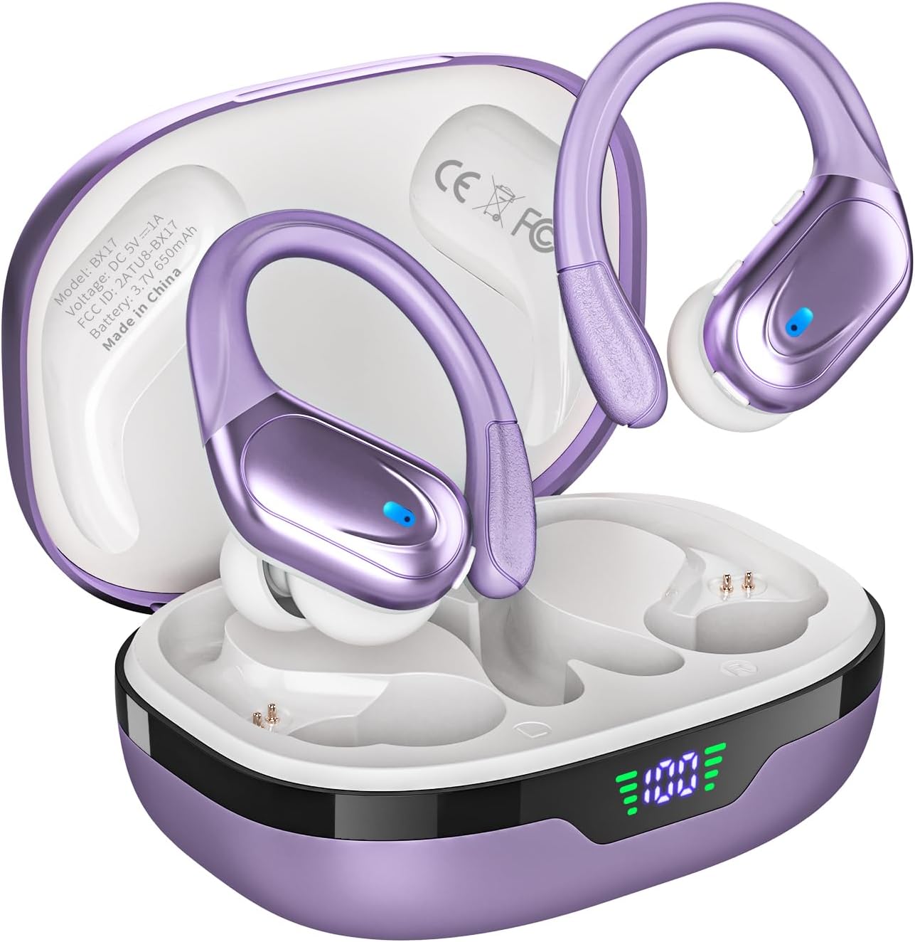 Wireless Earbuds, Sports Bluetooth Headphones, 80Hrs Playtime Ear Buds with LED Power Display, Noise Canceling Headset, IPX7 Waterproof Earphones for Workout/Running (Purple)