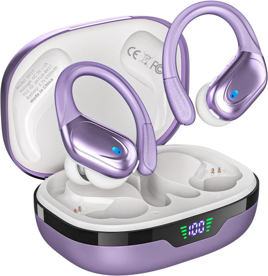 Wireless Earbuds, Sports Bluetooth Headphones, 80Hrs Playtime Ear Buds with LED Power Display, Noise Canceling Headset, IPX7 Waterproof Earphones for Workout/Running (Purple)