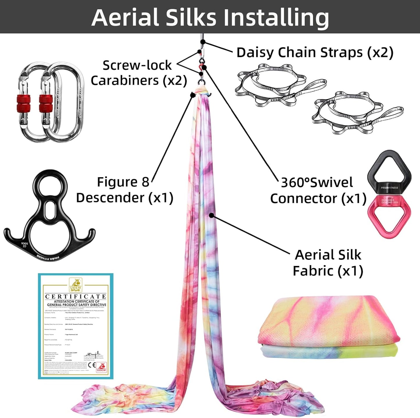 PRIOR FITNESS Aerial Silks Kit Colorful 9/15/20 Yards 40D Nylon Fabric Hammock Set With Hardware & Guide for All Levels Of Aerial Yoga Practice and Acrobatic Flying For Adults Aerial silk