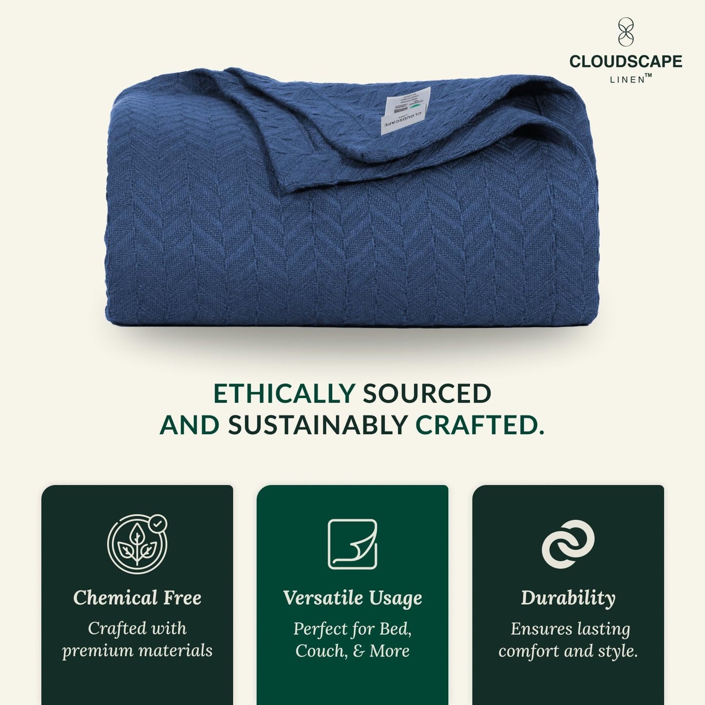 Herringbone Cotton Twin Blanket for Couch, Bed,Sofa, Home Decor, Soft, Lightweight, All-Season Bed Blanket, 68 x92, Ensign Blue