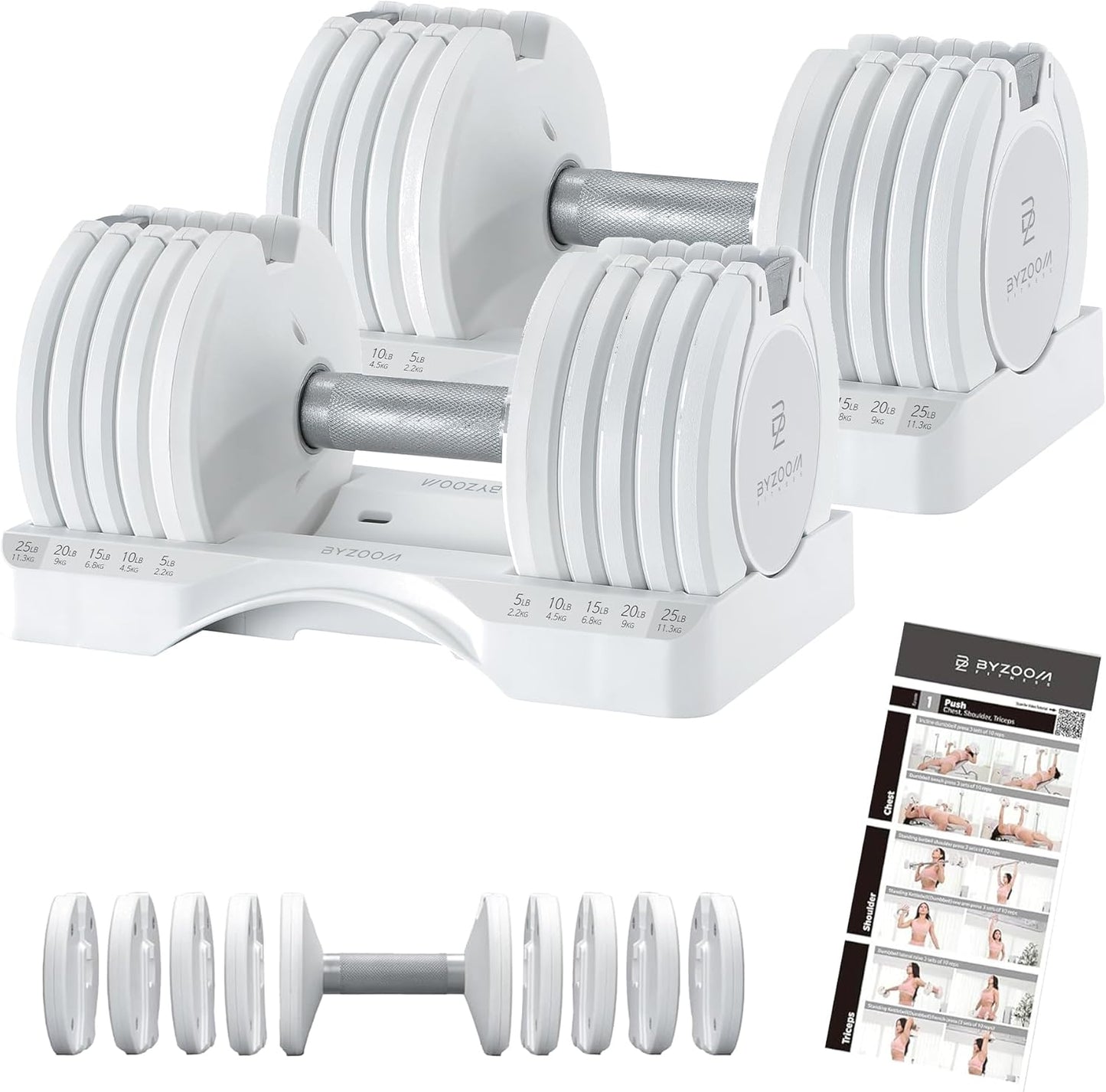 Adjustable Dumbbell – 12.5/25lb Single Unit OR Set of 2 – 5-in-1 Adjustable Weight for Home Gym, Strength Training & Fitness Workouts, White OR Black