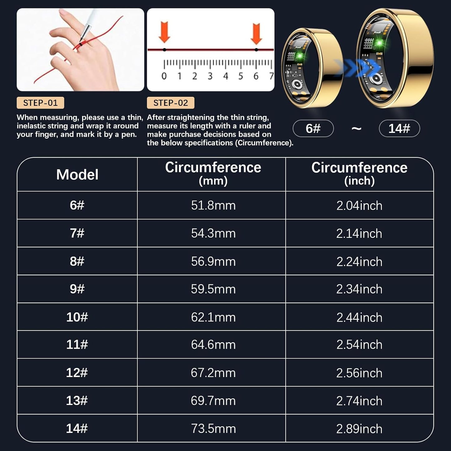 Ring Health Tracker for Women Men, Fit Ring with Heart Rate, Blood Oxygen, Sleep Monitor, Calories, Step Counter, IP68 Waterproof Smart Ring for iPhone & Android, No Subscription Fee (Gold, 13#)