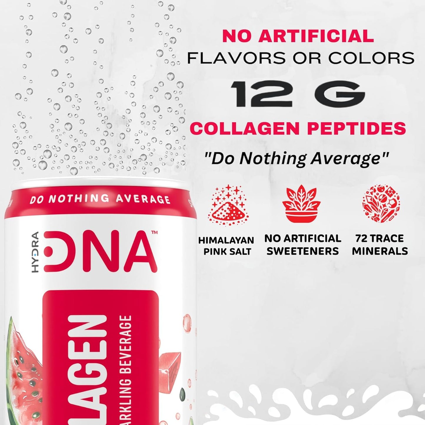 HYDRADNA- Sparkling Liquid Collagen Protein Water Drink Balanced Nutrients for Wellness - Sugar-Free - Keto-Friendly - No Gluten (12 Pack) Watermelon