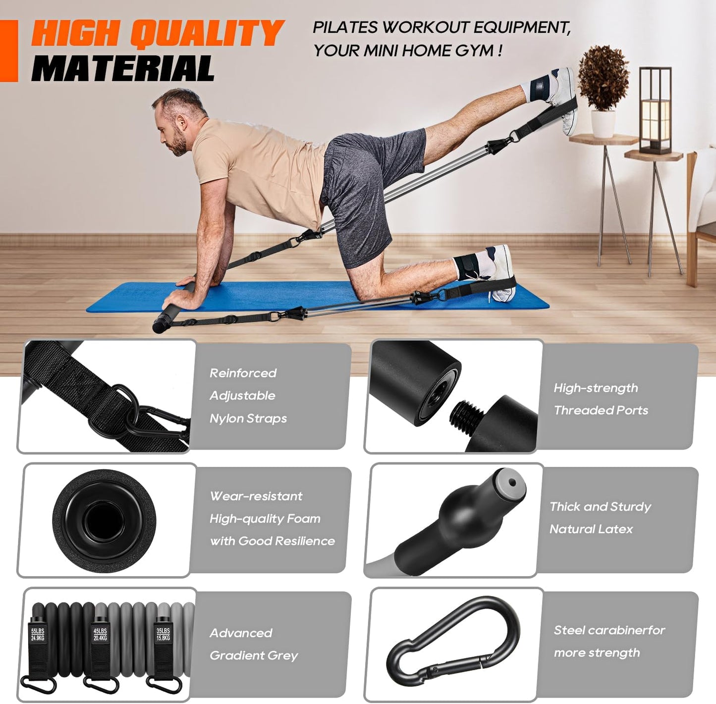 Pilates Bar Kit with Resistance Bands, Heavy Duty Pilates Equipment for Men, Strength Training Bar for Legs, Hip, Back, Arm, Abs, Chest, Shoulders, Portable Home Gym Full Body Workout Equipment