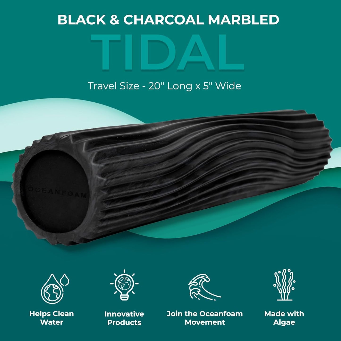 Oceanfoam Tidal Roller - Black & Charcoal Marbled - Muscle Massage Foam Roller for Back Pain & Stretching - Firm and Ergonomic Wide Wave Textured - Yoga, Athletics, & Wellness - Full Size, 20" x 5"