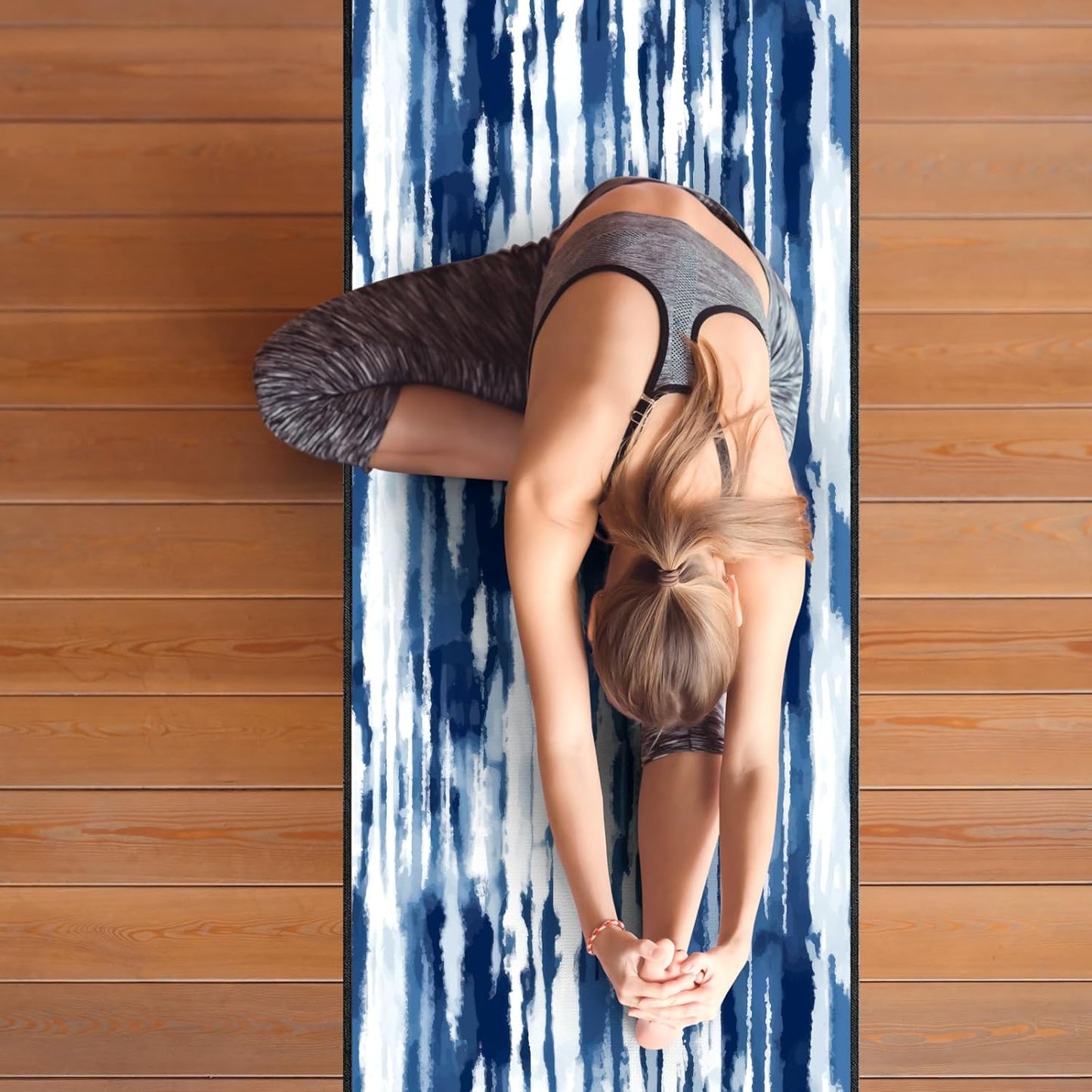 QiyI Yoga Mat Towel with Corner Pockets, Non Slip Sweat Absorbent Hot Yoga Towels, Soft Yoga Blankets with Travel Bag, Skidless Mat Cover for Workout, Gym, Fitness - 70"x26", Blue White Tie Dye