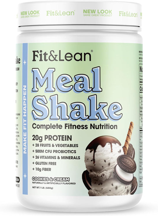 Fit & Lean Meal Shake, Fat Burning Meal Replacement, Meal Replacement with Protein, Fiber, Probiotics and Organic Fruits & Vegetables, Cookies and Cream, 1lb, 10 Servings Per Container