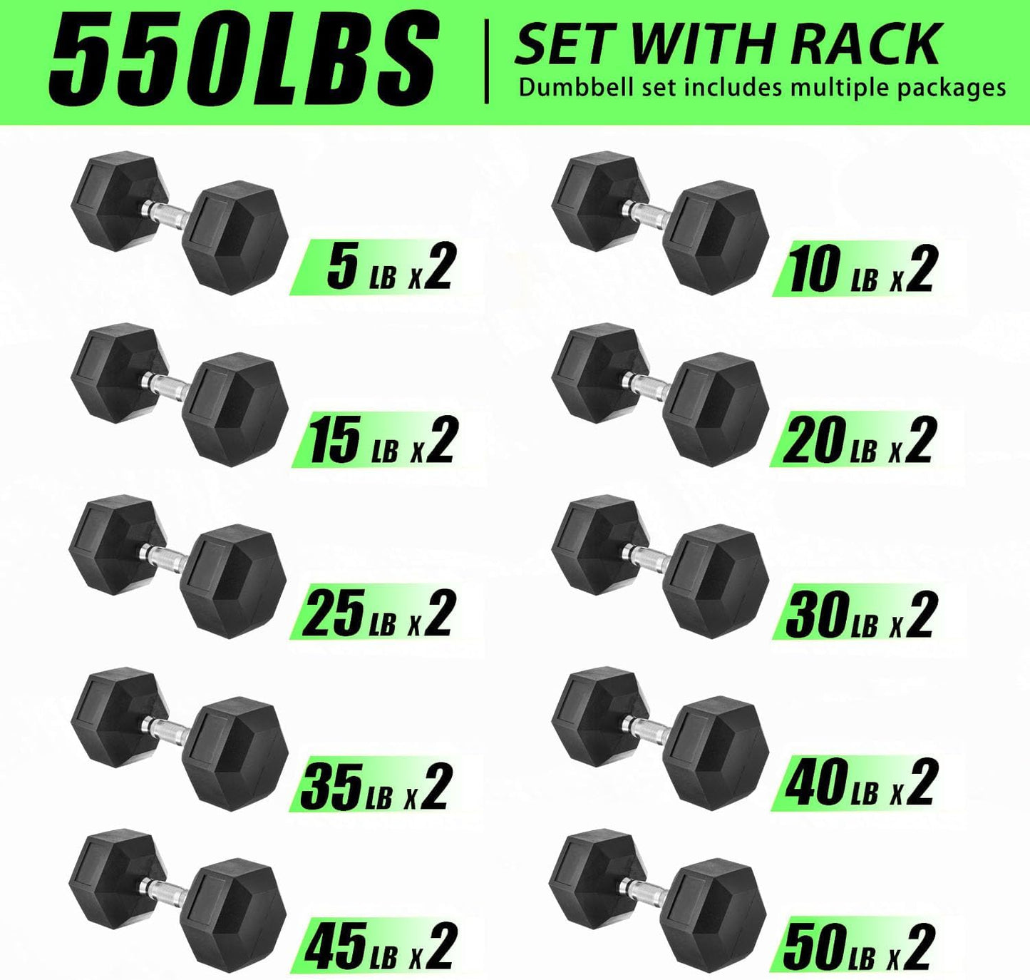 350/450/550 lbs Hex Weight Dumbbells Sets with Rack Rubber Encased Dumbbell Free Weights Set for Home Gym Weight Rack with Dumbbells Set