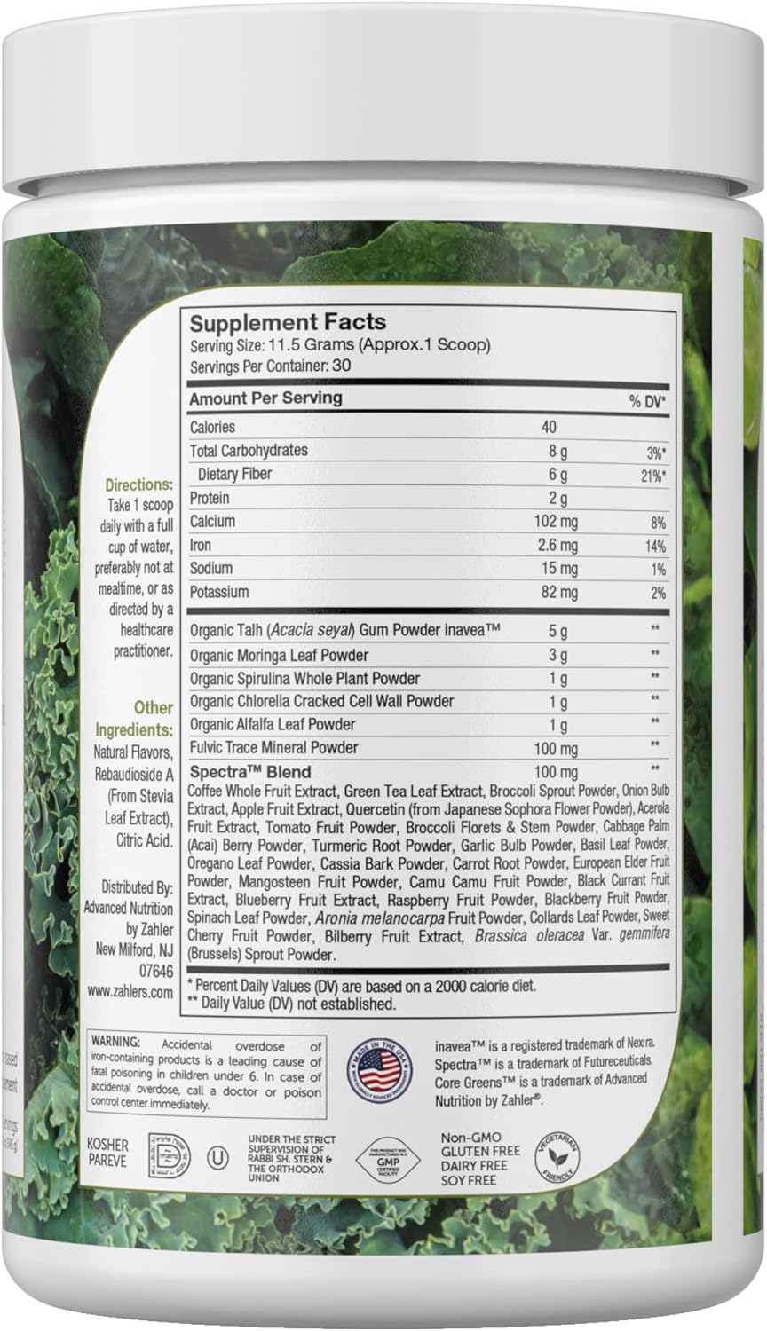 Zahler Core Greens Powder Nutrition Supplements - Superfood Powder - Super Green Juice & Smoothie Mix - Phytonutrient Rich with Spirulina, Chlorophyll & More - Kosher Superfood