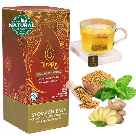 Térapy Ceylon Stomach Ease Herbal Tea Bags | Soothes Stomach & Supports Healthy Digestion | All Natural Ayurvedic Ingredients Including Peppermint, Ginger, Licorice | 18 Individually Wrapped Tea Bags