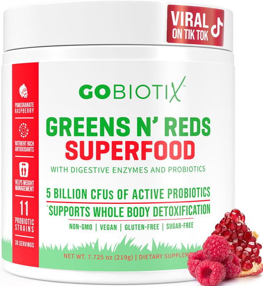 GOBIOTIX Super Greens and Reds Powder - Red and Green Superfood - Probiotic Supplement - Digestive Enzymes and Beet Root Powder - Organic Whole Foods Dietary Supplement (Pom Raspberry, 1 Pack)